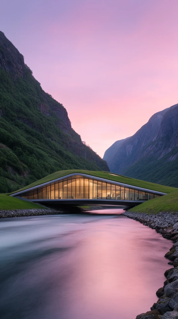 modern architectural building spanning a river, glowing glass facade, sloped green grass roof, steep lush valley mountains, smooth flowing water reflecting a pastel pink and purple twilight sky, wide-angle long exposure landscape photography