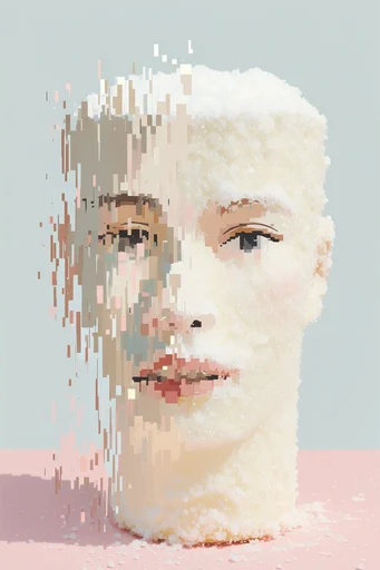 Surrealist Minimalist Fragmentation style reference image — digital glitch distortion