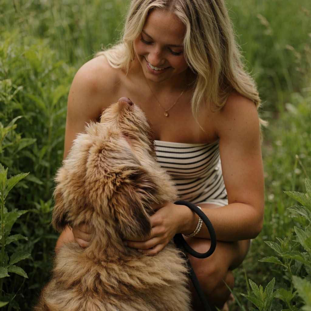 A young blonde woman kneels in a grassy field smiling down at a fluffy tan dog gazing up at her. The woman has long loose hair and wears a strapless top with horizontal black and white stripes. She gently embraces the dog with both hands, a black leash looped through her fingers, wearing a delicate gold necklace and beaded bracelet. The dog has a thick shaggy brown coat and tilts its muzzle high to meet her eyes. Lush vibrant green foliage surrounds them. The lifestyle photograph features a shallow depth of field, blurring the tall background grasses into soft bokeh. Natural diffused lighting casts a warm glow, enhancing the earthy color palette of rich greens, warm skin tones, and the textured fur of the dog captured in an intimate medium close-up shot.