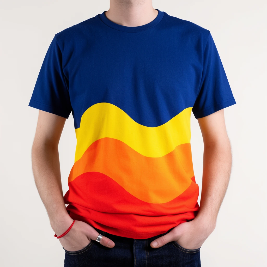 A person models a dark blue t-shirt featuring undulating waves of yellow, orange, and red-orange across the lower torso. Standing against a plain off-white backdrop, the subject has both hands tucked into dark indigo jeans. A thin red bracelet and silver thumb ring adorn the right hand. Even studio lighting highlights the bright, contrasting color blocking and soft fabric folds.