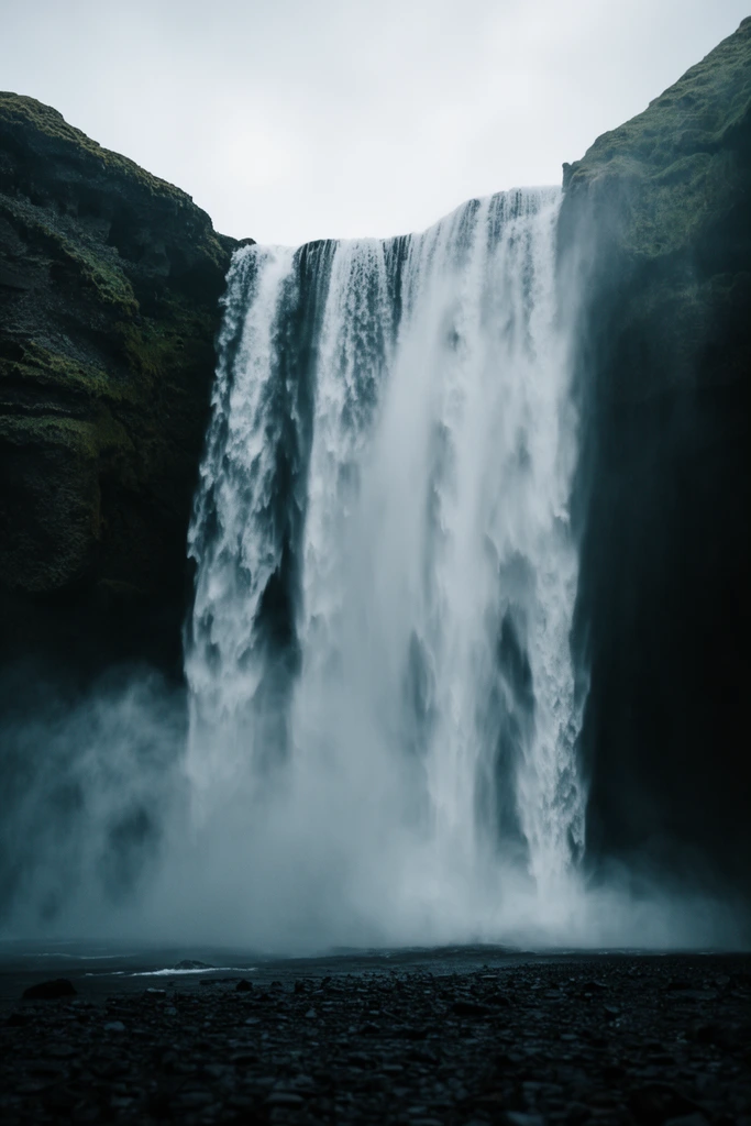 massive waterfall plunging over a steep cliff face, dense white mist rising from a dark stony basin, towering volcanic rock walls covered in dark green moss, overcast moody atmosphere, cool desaturated tones, cinematic landscape photography, low perspective, stark contrast between roaring white water and dark terrain