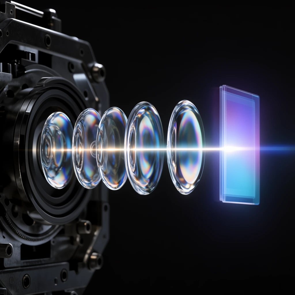 Exploded optical lens assembly, horizontal light beam piercing a row of floating curved glass lenses, terminating at a rectangular sensor glowing with blue and purple gradients, dark metallic mechanical housing, iridescent reflections on glass, high-contrast photorealistic render, dark background