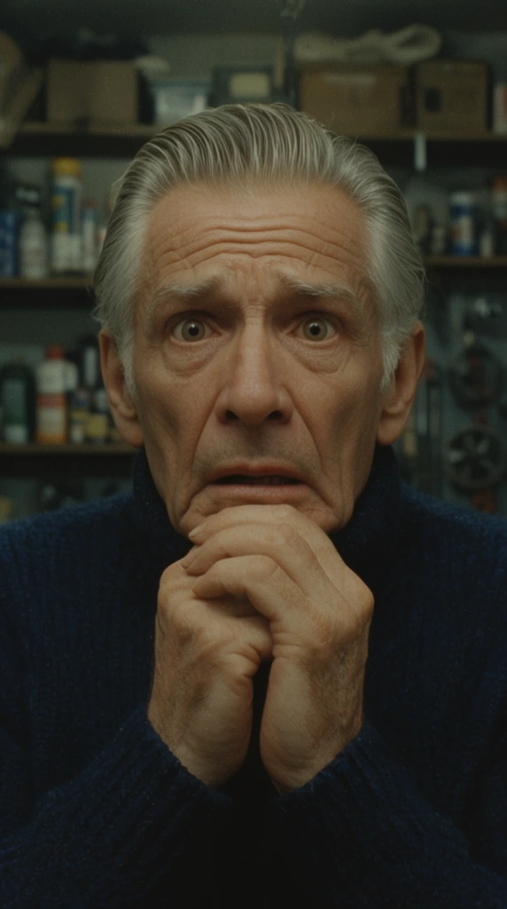 terrified elderly man with slicked silver hair, hands clasped under chin, heavy navy turtleneck, defocused dimly lit garage shelving, vintage 35mm film still, soft muted lighting, prominent grain