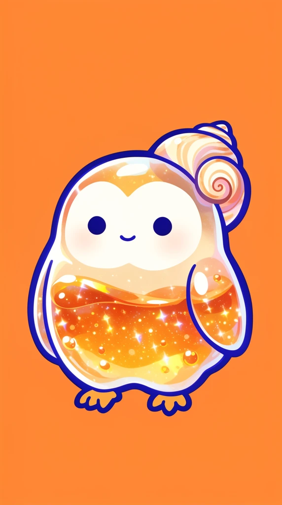 A kawaii bipedal owl with a translucent glass belly filled with shimmering amber liquid and sparkles. A swirling seashell rests on its back. Thick deep blue outlines define the character against a solid orange background, featuring dark dot eyes and a tiny smile.