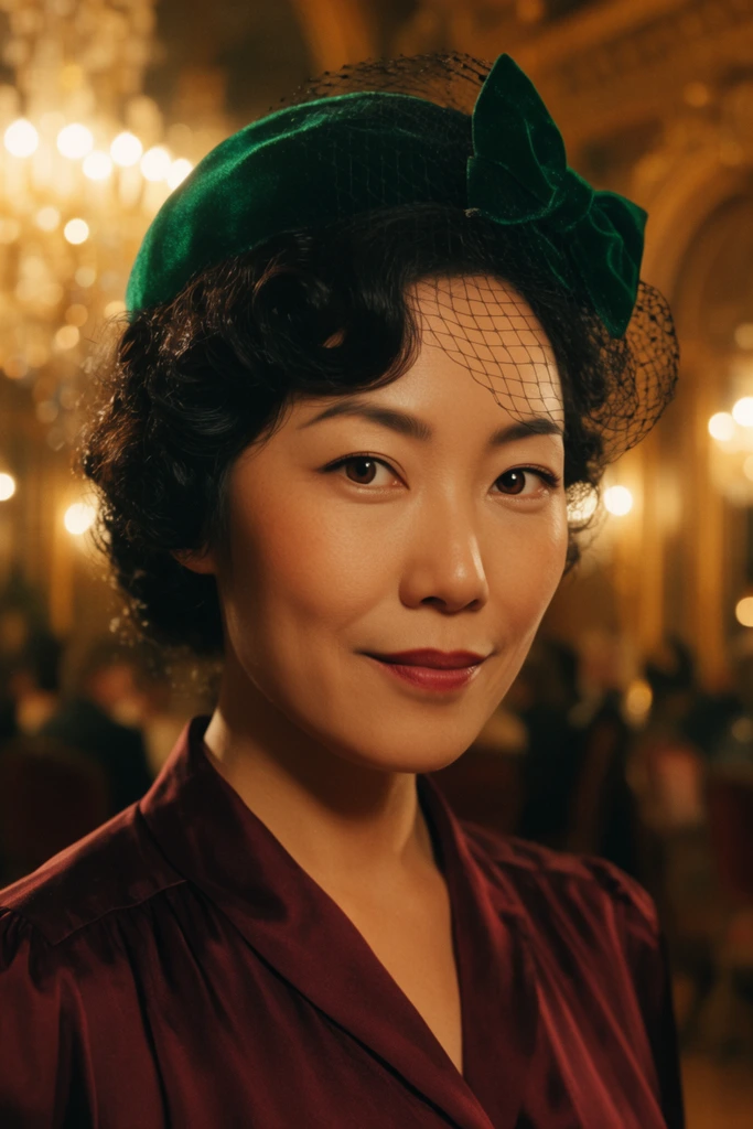close-up portrait of an East Asian woman with deep brown eyes, wearing an emerald green velvet fascinator with a black veil, dark curled hair, subtle mysterious smirk, deep maroon silk blouse, cinematic warm golden lighting, shallow depth of field, blurred background of an opulent vintage ballroom with glowing amber chandeliers, soft focus, highly detailed skin texture, dramatic rim lighting, 35mm film photography