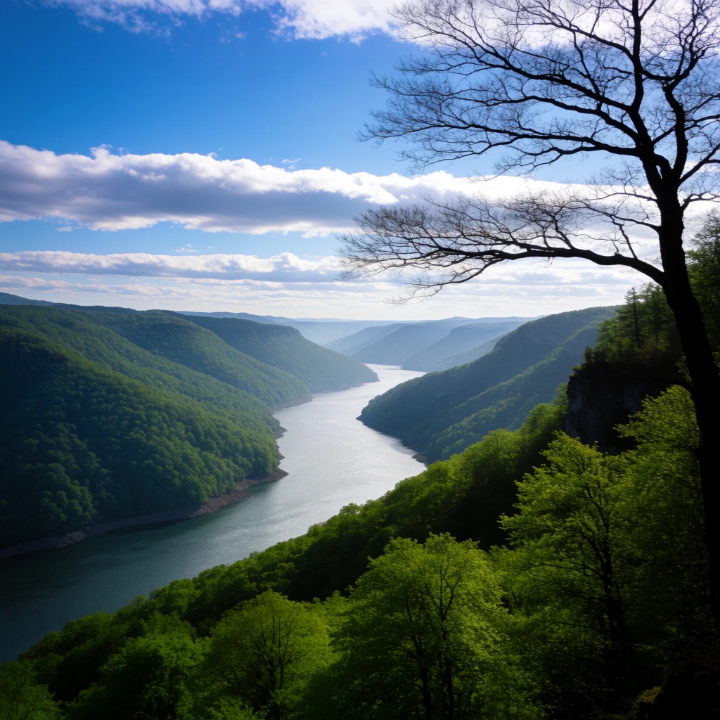 A sweeping vertical landscape photograph of a silver-blue river winding through a densely forested gorge. In the right foreground, a silhouetted bare tree extends intricate branches across the upper frame, contrasting with the lush spring-green canopy below. Rolling mountains recede into a soft atmospheric haze, flanking the water as it snakes through the wide valley. The vibrant azure sky features horizontal bands of puffy white clouds illuminated by bright daytime sunlight. The wide-angle composition emphasizes deep depth of field, vast scale, and a rich palette of emerald, sapphire, and shadow.