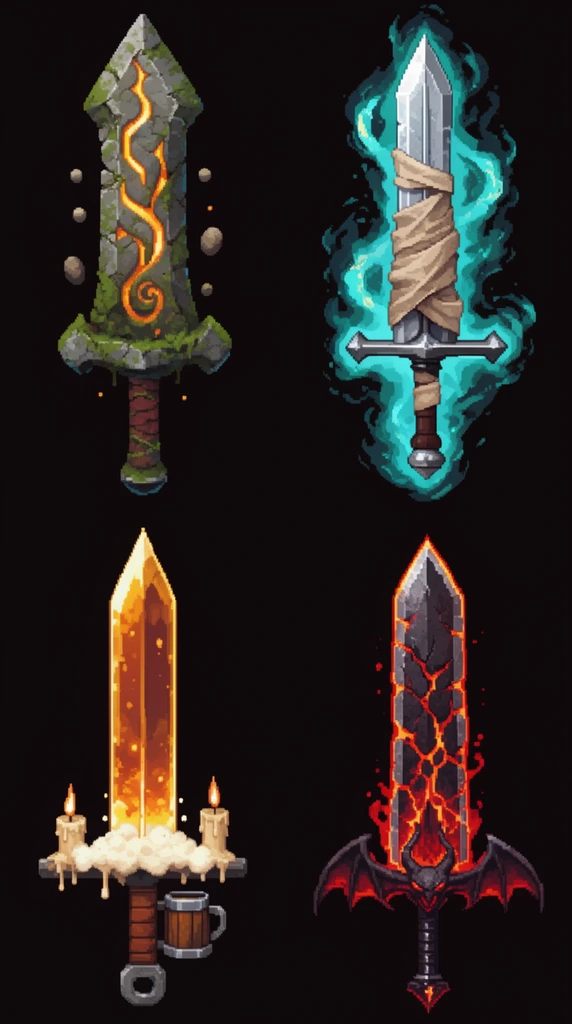 four pixel art fantasy swords in a two-by-two grid on a black background, top-left weathered mossy stone sword with glowing orange patterns and floating pebbles, top-right silver sword wrapped in beige cloth surrounded by a swirling cyan magical aura, bottom-left sword with a glowing amber liquid blade rising from a foam crossguard with lit candles and a tankard handle, bottom-right demonic sword showing a cracked dark metal blade radiating red magma with a bat wing crossguard, 16-bit retro video game aesthetic, intricate pixel shading, vibrant glowing effects, isolated concept art