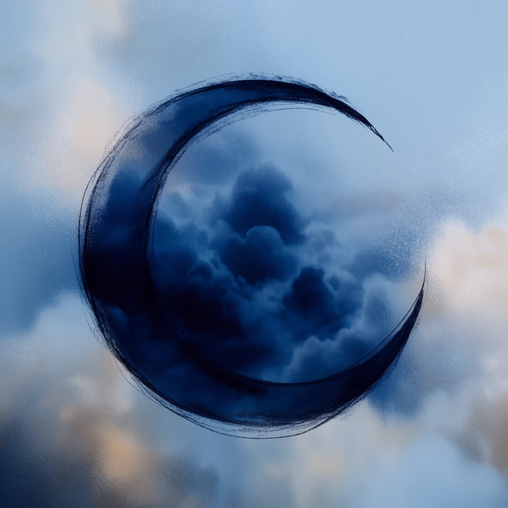 central dark crescent moon mask, rough sketched edges, revealing deep navy storm clouds within, softly blurred background of pale blue and white clouds, subtle warm beige highlights, prominent frosted glass texture overlay, surreal double exposure effect, ethereal moody atmosphere, dreamy monochromatic blue aesthetic