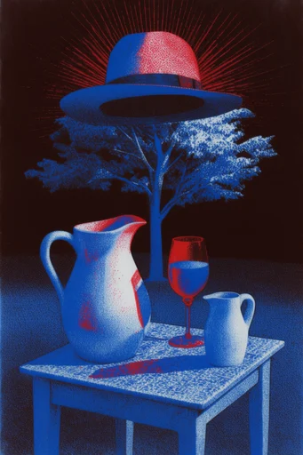 Nocturnal Esoteric Surrealism style reference image — electric blue and crimson