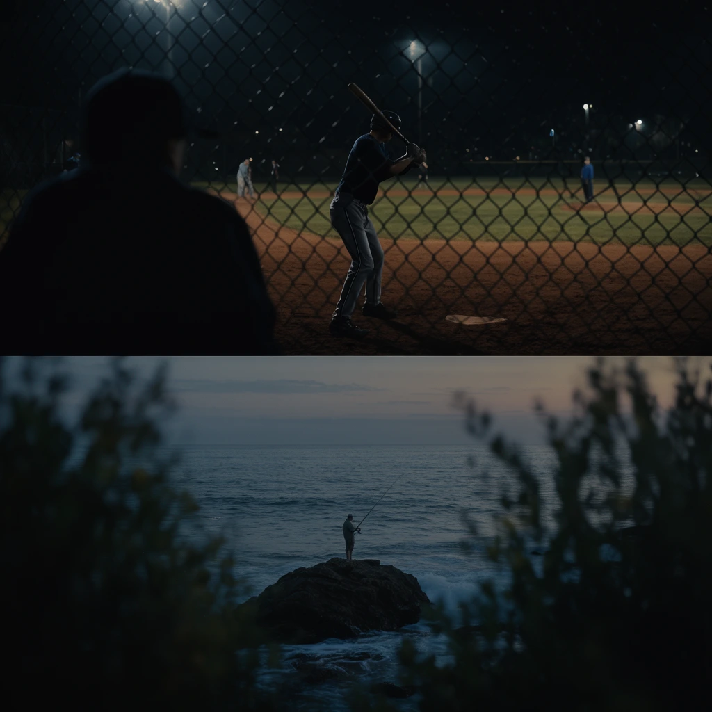 night baseball batter viewed through chain-link fence framed by dark foreground silhouette, dusk fisherman on ocean rock framed by out-of-focus foliage, moody cinematic lighting, deep shadows