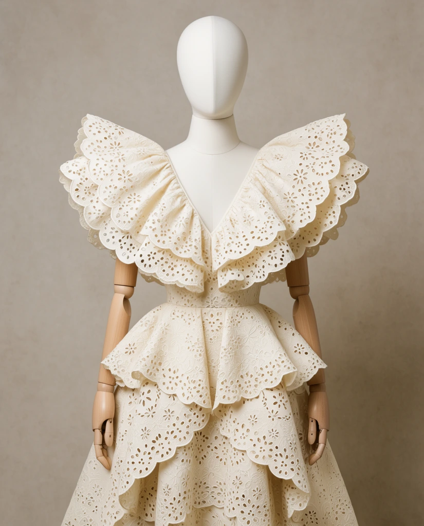 A smooth oval-headed white mannequin with articulated light-wood arms models a sculptural cream-colored dress against a neutral textured beige studio backdrop. The highly structured garment is constructed from eyelet lace featuring intricate floral perforations and scalloped hems. A dramatic, oversized double-layered ruffled collar extends outward from a deep V-neckline, creating voluminous wing-like shapes over the shoulders. The fitted waist transitions into a layered peplum design, cascading into a wide skirt with overlapping panels. Soft, diffused lighting emphasizes the architectural silhouette, precise cutouts, and rich fabric textures in a symmetrical, straight-on fashion photography composition.