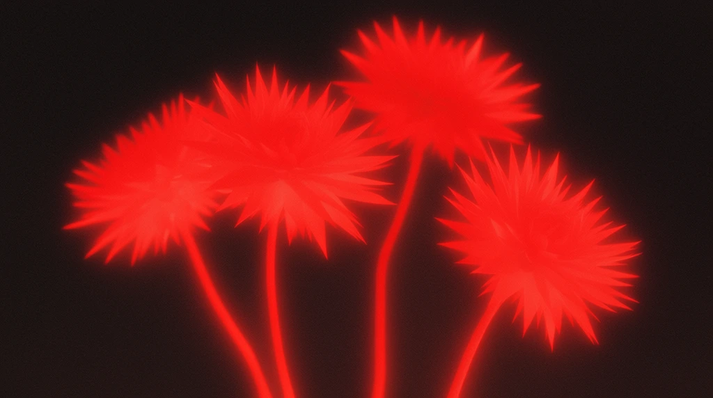 Four spiky flowers and their stems rendered in an intense, glowing monochromatic red against a pitch-black background. The sharp, jagged petals of the four blossoms radiate a luminous neon crimson, with their slender stems extending downwards like glowing veins. A pronounced photographic halation softens the edges of the spiky silhouettes, causing the vivid red light to bleed ethereally into the deep surrounding shadows. The composition exhibits a striking two-tone infrared photography aesthetic, heavily textured with prominent film grain and a dreamlike soft focus that merges the fiery red highlights seamlessly into the heavy black environment.