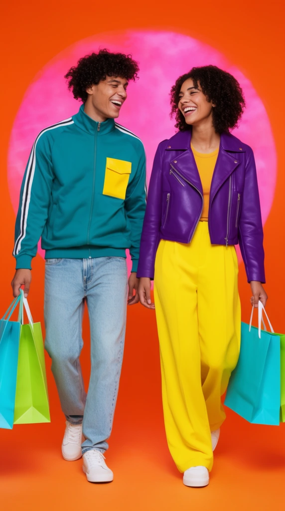 Two laughing young adults walk forward against a vibrant orange backdrop featuring a large, hazy pink circle. The man on the left wears a teal track jacket with a yellow chest pocket, light blue jeans, and white sneakers, carrying cyan and lime green shopping bags. The woman on the right sports a purple leather moto jacket, bright yellow wide-leg trousers, and white sneakers, holding a cyan shopping bag. They look at each other with joyful expressions. Bright studio lighting emphasizes the bold, color-blocked pop-art aesthetic and dynamic, high-contrast wardrobe.