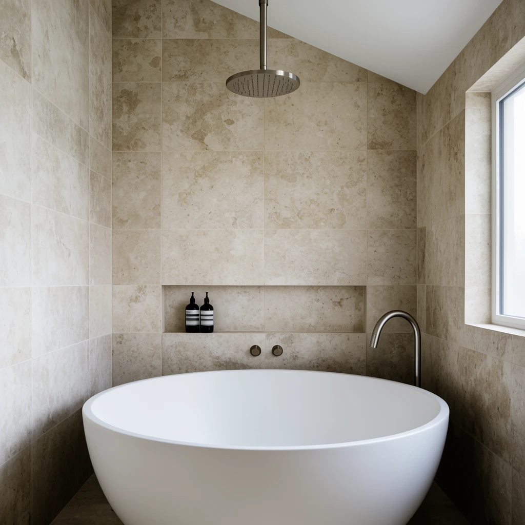 A freestanding circular white bathtub anchors a minimalist bathroom clad in large-format beige stone tiles. A brushed nickel rain shower head descends from a slanted white ceiling. A curved floor faucet stands nearby. The back wall features a recessed niche with two dark bottles and two small metal dials, illuminated by soft natural light from a side window.