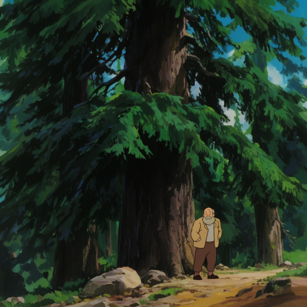 towering evergreen forest, extreme scale, traditional animation background art, massive pine trees, thick drooping branches with dense green foliage, deep shadows, tiny figure of an older bearded man in a tan jacket and brown trousers, man standing on a dirt path by an enormous trunk, scattered rocks, patch of blue sky through the upper canopy, sweeping brushstrokes, gouache painting technique, nostalgic hand-painted aesthetic