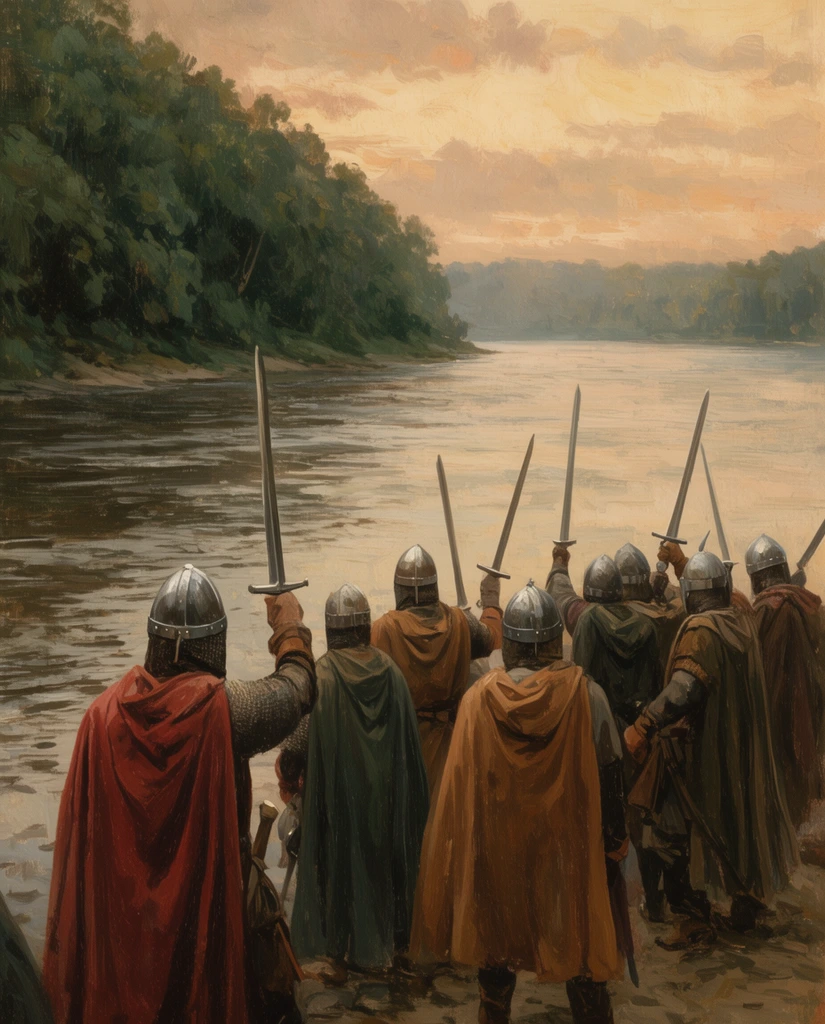 medieval warriors in cloaks and helmets viewed from behind, raised swords, facing a wide river, dense forested shore, cloudy dawn sky, vintage oil painting style, visible brushstrokes, warm muted color palette
