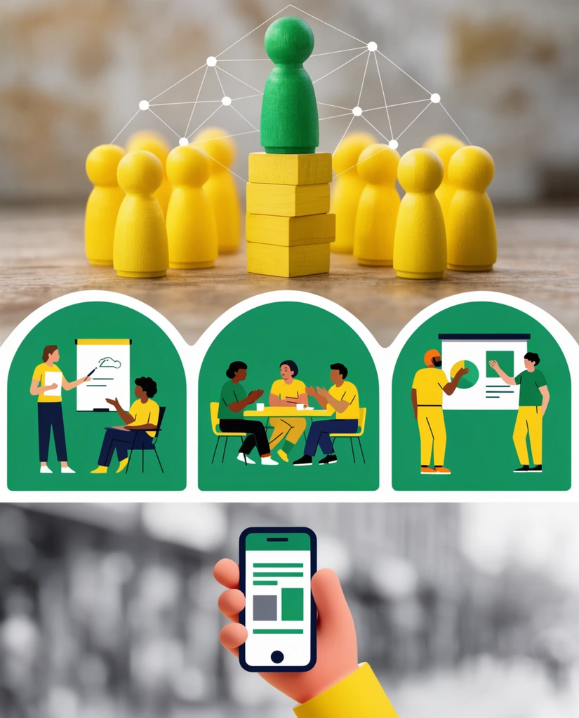 A vertical infographic layout in green, yellow, and white. The top section contains a photograph of a green wooden peg doll elevated on blocks above yellow dolls, overlaid with network lines. Three arched panels display flat vector illustrations of people teaching, gathering at a table, and presenting. A stylized 3D hand holding a smartphone anchors the base against a blurred grayscale background.