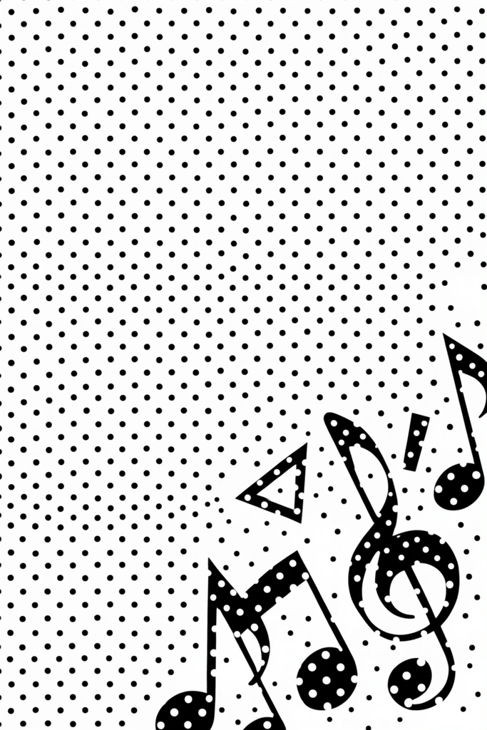 White background with uniform black polka dots, lower right corner features black musical notes and symbols filled with inverse white polka dots, minimalist flat vector graphic, high contrast