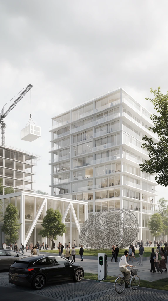 A modern architectural rendering of a multi-story, white, glass-paneled building complex situated in a vibrant urban environment. The main building features multiple balconies and large windows revealing interior spaces, while a smaller, single-story glass structure with prominent diagonal supports extends from its base. In the background to the left, a construction crane is lifting a white modular block onto an incomplete building frame. The foreground shows a busy plaza with diverse pedestrians walking, a person riding a bicycle, and a black electric car parked at a charging station. A large, intricate, spherical wire sculpture rests on the grass near the center. The scene is illuminated by soft, diffused daylight under an overcast sky, with scattered green trees adding natural elements to the concrete and glass setting.