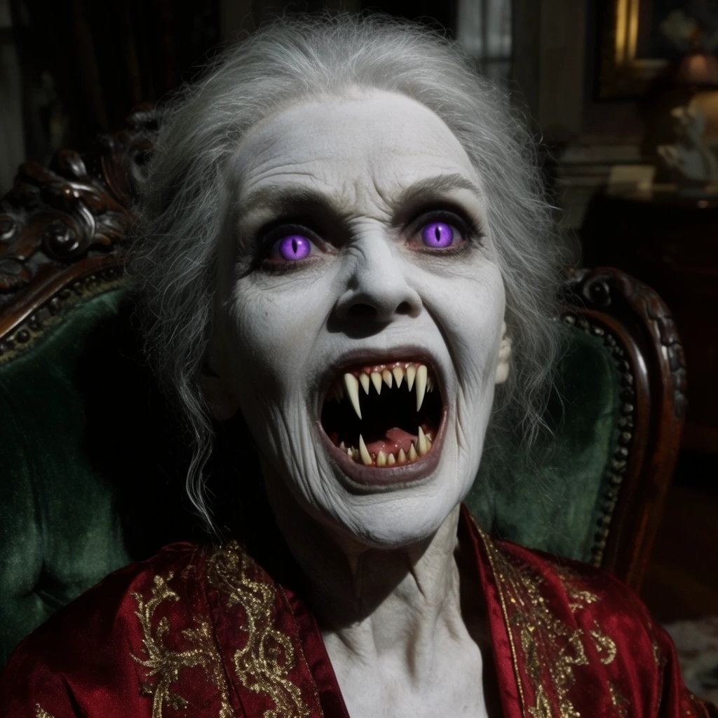 An elderly woman with chalk-white skin sits in a dark green velvet Victorian armchair, her mouth stretched wide revealing rows of sharp, jagged fangs. Deep shadows surround her glowing purple eyes with pinpoint pupils. Wispy silver hair frames her pallid face, contrasting with a deep red silk robe embroidered with gold thread. Dramatic cinematic lighting casts harsh shadows across a dim parlor background, emphasizing the horrific, practical-effects style textures of her pale complexion and the ornately carved wooden armrests in this tight close-up portrait.