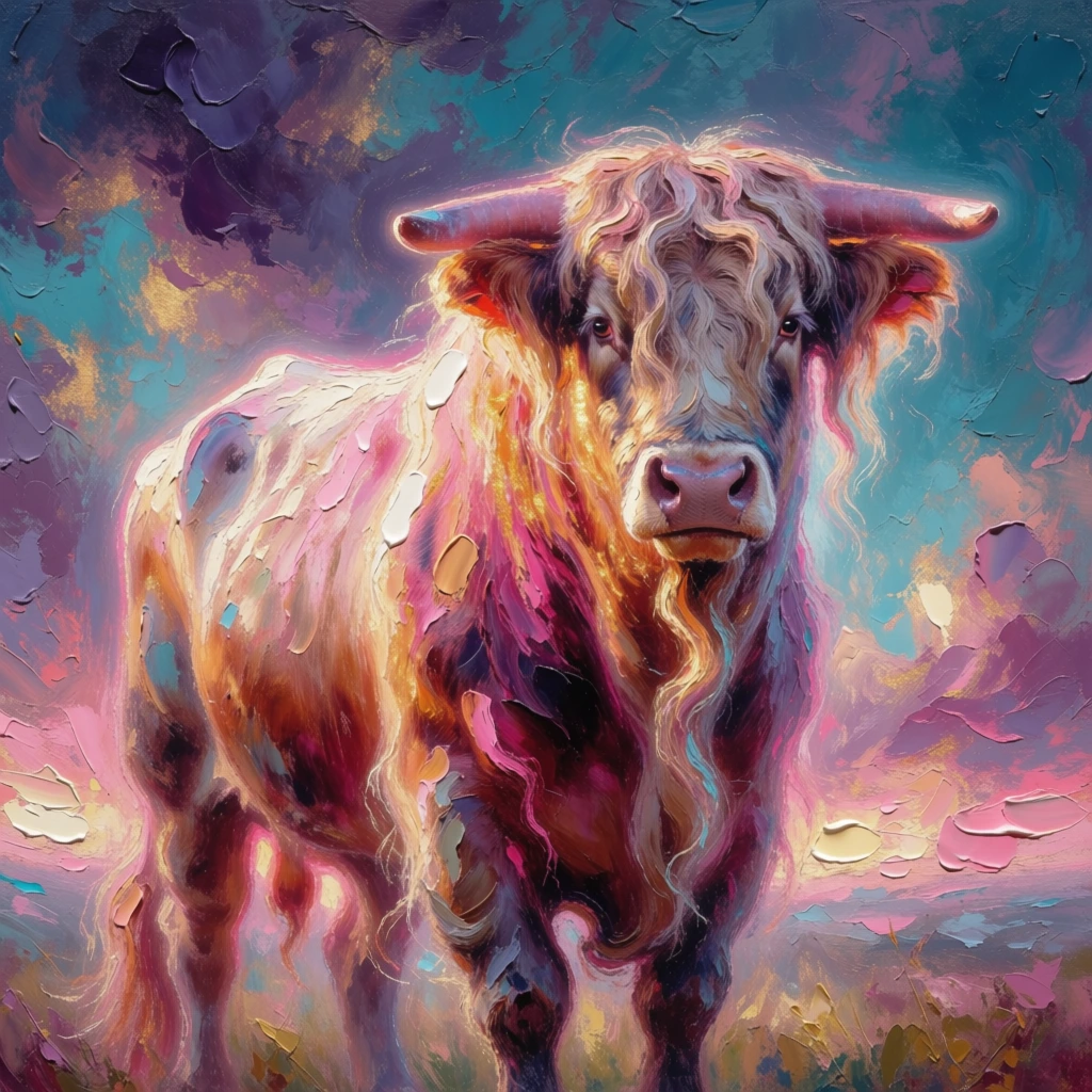 majestic bull with long shaggy hair, thick impasto oil painting style, heavy painterly textures, expressive visible brushstrokes, vibrant color palette of luminous pinks, deep magentas, golden oranges and electric teals, dramatic backlit glow, atmospheric swirling sky with textured clouds, impressionistic aesthetic, high contrast between warm highlights and cool shadows, ethereal mood, rich tactile finish, modern impressionism.