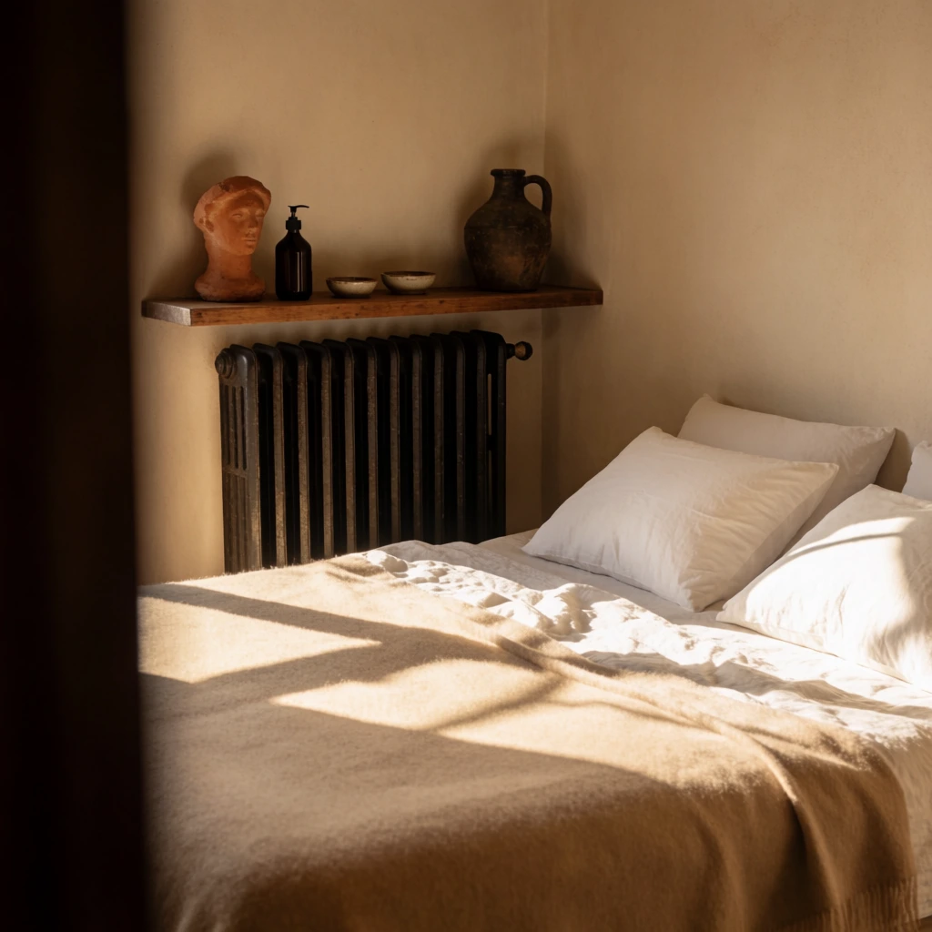 sunlit bedroom corner, unmade bed with a warm beige blanket and crisp white pillows, dark vintage radiator beneath a wooden shelf, terracotta sculpted bust, pump bottle, small ceramic dishes, rustic dark jug, smooth beige walls, bright golden hour light casting dramatic angled shadows across the bed, out-of-focus dark vertical shape framing the left foreground, earthy color palette