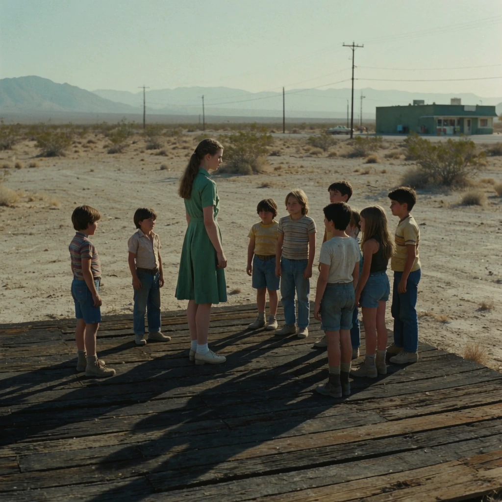 A tall young woman in a green dress and a group of casually dressed children gather on a dark, weathered wooden platform in an arid desert landscape. Long afternoon shadows stretch across the horizontal planks. The desolate background features pale dirt, scattered scrub brush, a distant green roadside building, power lines, and hazy mountains. Captured in a cinematic wide shot, the scene evokes a vintage aesthetic with a muted palette of dusty earth tones and faded blues.