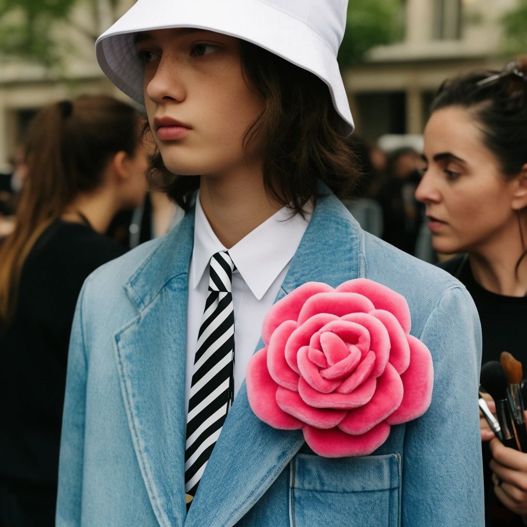 young fashion model in a light blue denim blazer and white bucket hat, crisp white shirt with a black and white striped tie, striking oversized plush pink rose boutonniere pinned to the lapel, blurred outdoor backstage environment, makeup artist in profile holding tools in background, shallow depth of field, natural daylight, street style documentary photography