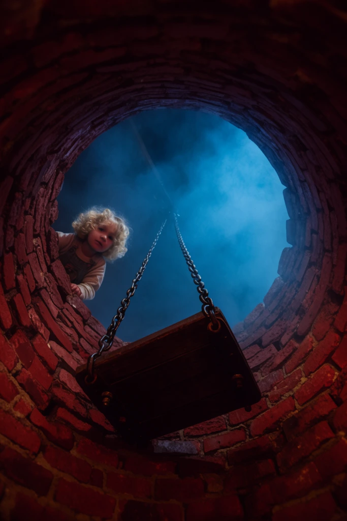 An extreme low-angle view looking straight up from inside a circular red brick well. At the top opening, a young child with curly blonde hair peers down over the edge. Thick metal chains suspend a heavy wooden platform directly over the center of the shaft. Dense, glowing blue fog fills the background above, creating a stark color contrast against the warm, deep shadows and rough textures of the interior.