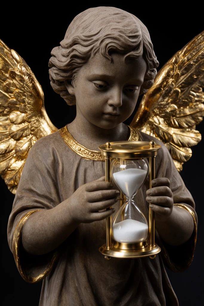 classical sculpture of a young angel holding a golden hourglass, child-like face with a downward gaze, wavy textured hair, flowing draped tunic, matte brownish-grey stone material, heavily gilded gold accents on large detailed feathered wings, gold collar trim, delicate hands gently gripping a brass and glass hourglass filled with bright white sand, stark pitch-black background, dramatic studio lighting, strong chiaroscuro, high contrast, hyper-realistic rendering, sharp focus on the face and hourglass, rich metallic reflections, fine art object photography