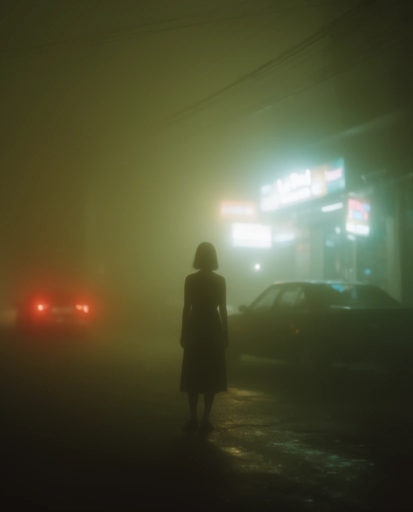 A solitary female silhouette stands motionless in the center of a desolate street engulfed in thick, greenish-yellow fog. The dark figure wears a knee-length dress and has short hair, her details completely obscured by the murky atmosphere. To the left, blurred red taillights of a vehicle pierce the dense mist. On the right, the dark outline of a parked car rests beneath glowing, heavily diffused cyan and white neon signs attached to a shadowed storefront. Faint overhead power lines cut diagonally across the upper frame. The wet asphalt foreground faintly reflects the scattered, muted light. The cinematic composition employs extreme atmospheric perspective, creating an eerie neon-noir aesthetic dominated by a sickly monochromatic color palette and intense light halation.
