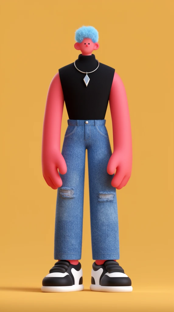 A stylized 3D character with exaggerated proportions stands against a seamless mustard-yellow background. The figure features a disproportionately small head, textured light blue hair, and thick pinkish-red limbs. He wears a black sleeveless turtleneck, a silver necklace with a diamond-shaped pendant, blue distressed jeans, and chunky black-and-white sneakers. The rendering employs soft matte textures, smooth shading, and clean studio lighting with gentle floor shadows, creating a minimalist aesthetic.