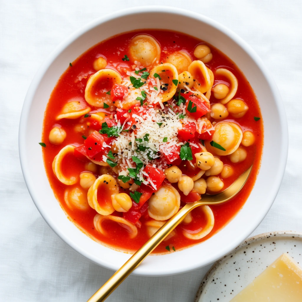 flat lay food photography, white bowl of vibrant red tomato soup, orecchiette pasta, chickpeas, diced tomatoes, garnished with grated parmesan, chopped parsley, black pepper, polished gold spoon resting inside, crisp white linen tablecloth, speckled plate with hard cheese wedge in bottom right, bright overhead natural daylight
