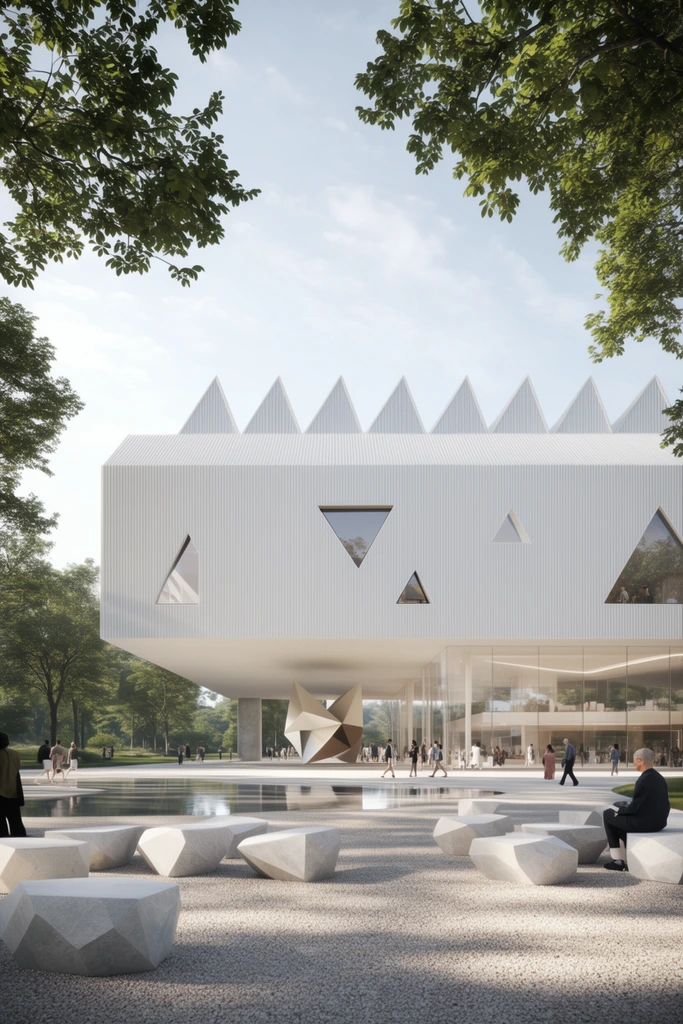 A photorealistic architectural rendering of a contemporary building with a corrugated white cantilevered upper level, triangular cutouts, and a sawtooth roof. Below the massive overhang, a transparent glass ground floor reveals a bright interior and a bold geometric sculpture. The structure sits in a lush park framed by leafy tree branches. A sunlit foreground plaza of light gravel features scattered faceted stone seating and a shallow reflective pool. Pedestrians stroll and relax across the bright, modern scene under a pale blue sky with wispy clouds.