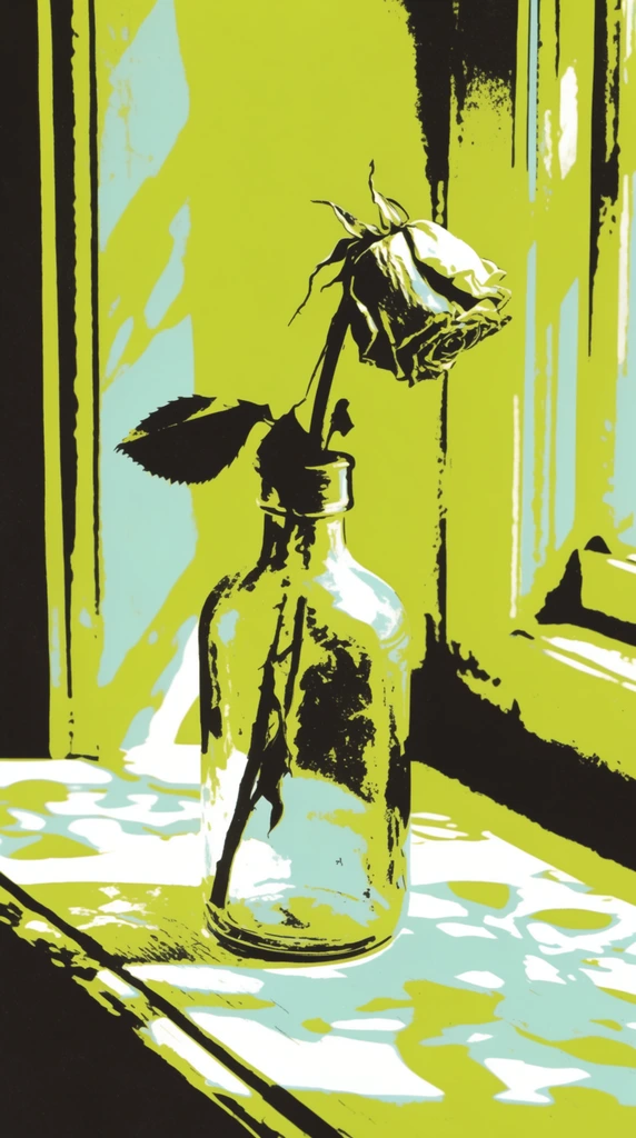A dead, withered rose resting inside a glass bottle on a flat windowsill, rendered in a high-contrast, graphic screen-print aesthetic. The drooping petals and brittle stem of the rose, along with the smooth contours of the bottle, are defined by heavy, stencil-like solid black forms and harsh bright highlights. The scene is bathed in intense, dappled directional lighting that casts sharp, intricate, absolute black shadow shapes across the flat plane of the windowsill and the surrounding window frame. The color treatment utilizes a strictly limited, flat palette of acidic chartreuse, pale cyan, stark white, and pure black. The composition relies exclusively on crisp, hard-edged color blocking and heavy ink textures, evoking vintage pop-art serigraphy and stark chiaroscuro illustration.