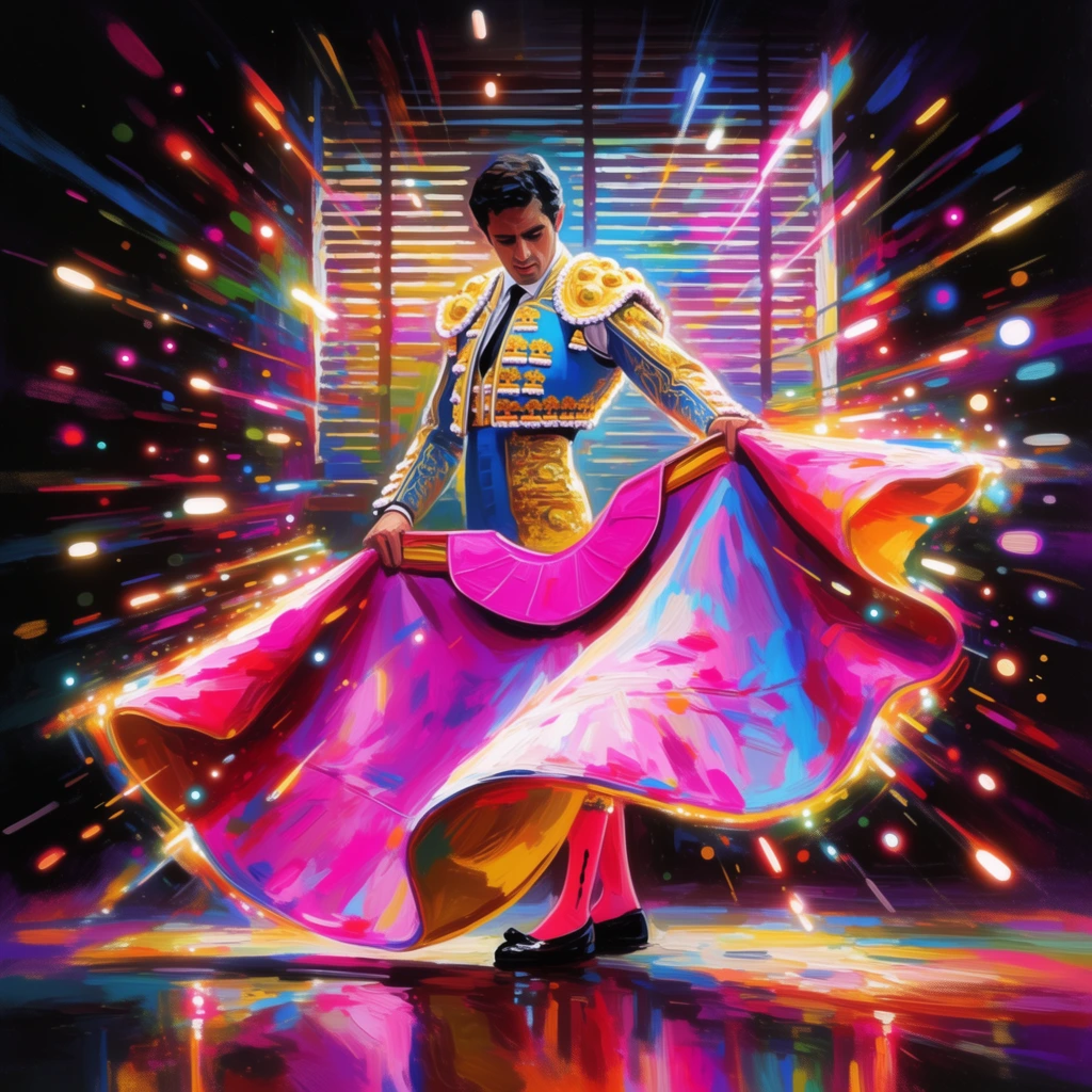 A man in a matador suit stands holding a large billowing cape in front of slatted window blinds, rendered in an explosive, highly saturated painterly style with radiating streaks of kinetic light. The central matador and the sweeping fabric of the cape are depicted using thick, expressive brushstrokes of vibrant magenta, electric blue, glowing gold, and sharp white highlights against a deep black background. The dynamic motion of the billowing cape is emphasized by intense radial energy lines, elongated dashed light streaks, and floating, luminous bokeh dots that burst outward in every direction. Behind the figure, the slatted window blinds dissolve into heavily stylized, blurred lines merging deep shadows with neon color bleeds. The entire composition features a hyper-luminous aesthetic, combining thick impasto textures with high-contrast, glowing accents and a glossy, mirrored reflection effect mirroring the vibrant colors across the bottom foreground.