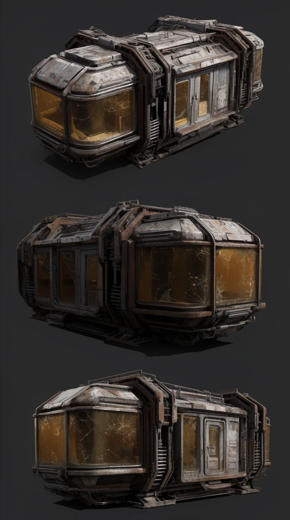 Multiple concept art views of a weathered sci-fi transport pod against a dark grey background. The modular industrial structure features heavy, rusted metal framework, mechanical exterior ribbing, and large rectangular windows with cracked, amber-tinted glass. Rendered with hard surface 3D modeling, realistic grime textures, and stark directional lighting.