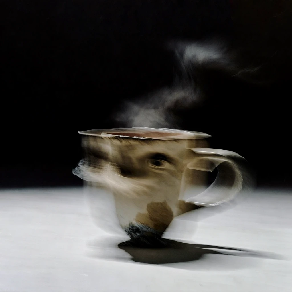 a single ceramic mug with two subtle eyes peeking over the rim, wispy steam rising, captured with extreme intentional camera movement and long exposure motion blur, a horizontal smear of form and light, stark chiaroscuro, deep velvet black background, a luminous clinical white floor, muted ochre and bone color palette, painterly ethereal textures, kinetic ghosting, grainy analog film aesthetic, desaturated earth tones, abstract expressionist composition.