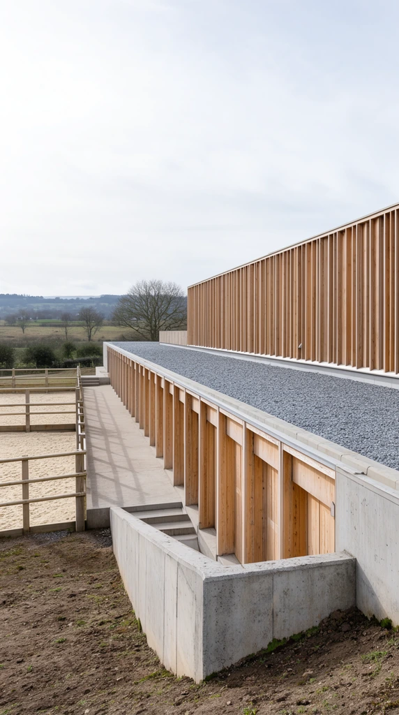 modern elongated building featuring rhythmic light timber batten cladding, two-tiered structure with an upper volume of vertical wooden slats, lower level topped by a flat grey gravel roof with recessed wooden bays, exposed raw concrete retaining wall framing the foreground, stepped concrete walkway, adjacent sand arena enclosed by wooden fencing, bare dirt and sparse grass terrain, rolling countryside background with distant hills and scattered winter trees under a bright overcast sky, wide-angle architectural photography