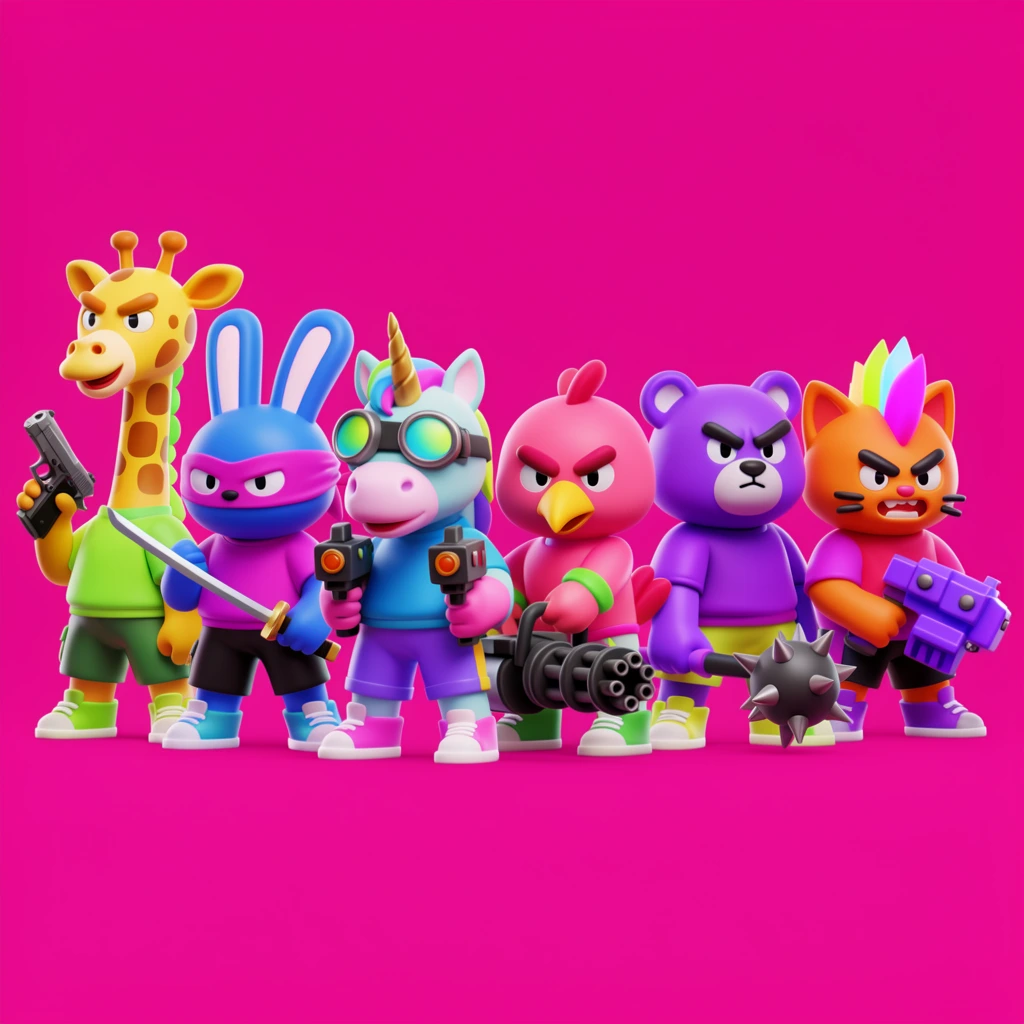 A lineup of six 3D-rendered, heavily armed anthropomorphic animal characters against a solid magenta background. The vibrant, vinyl-textured figures feature chunky proportions, neon streetwear, and aggressive expressions. From left to right: a yellow giraffe with a pistol, a blue masked rabbit holding a katana, a goggled unicorn with dual blasters, a pink bird carrying a minigun, a purple bear gripping a spiked mace, and a neon-mohawked orange cat holding a blocky purple weapon.