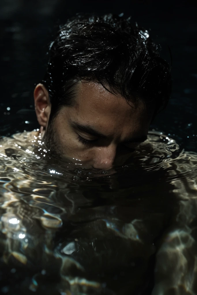 man submerged in dark water, face beneath rippling surface, closed eyes, bare chest, wet dark hair, bright specular reflections, cinematic low-key lighting, moody high contrast photography