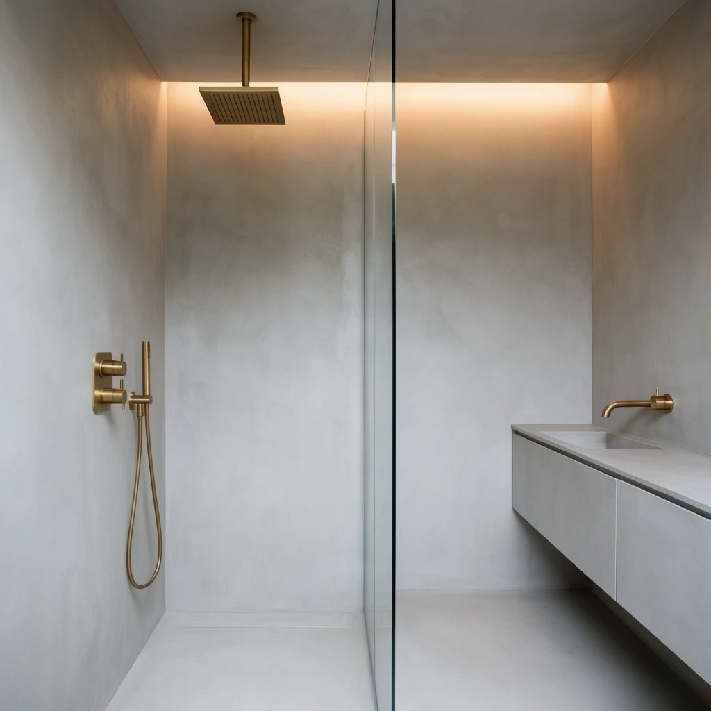 A minimalist light gray microcement bathroom bisected by a floor-to-ceiling frameless glass partition. The left shower area features brushed brass fixtures including stacked control valves, a hand wand, and a flush square ceiling showerhead. The right side holds a sleek floating vanity with a wall-mounted brass faucet. Warm ambient light glows from a recessed back wall ceiling cove, emphasizing seamless architectural textures in a straight-on perspective.