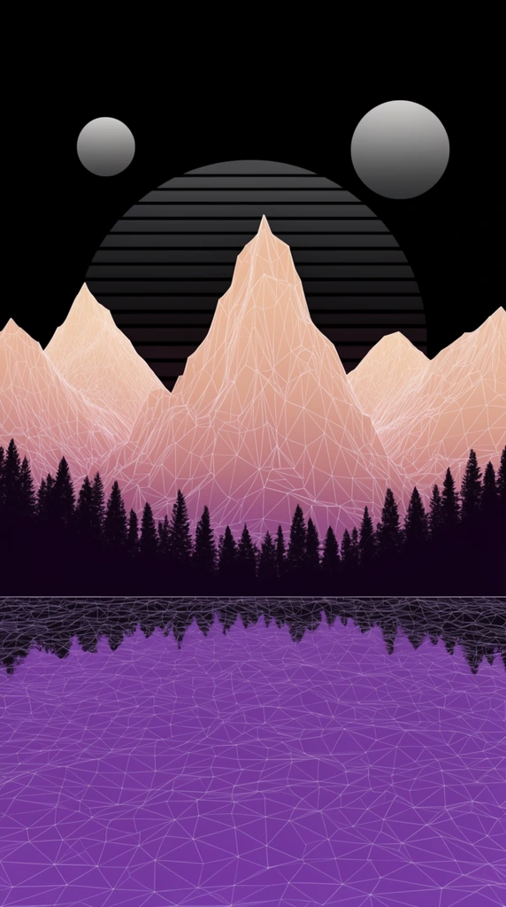 digital wireframe mountain landscape, low-poly peaks with peach gradients, silhouetted pine forest, purple polygonal mesh water reflection, dark striped celestial orb, two grey moons, black night sky, synthwave aesthetic