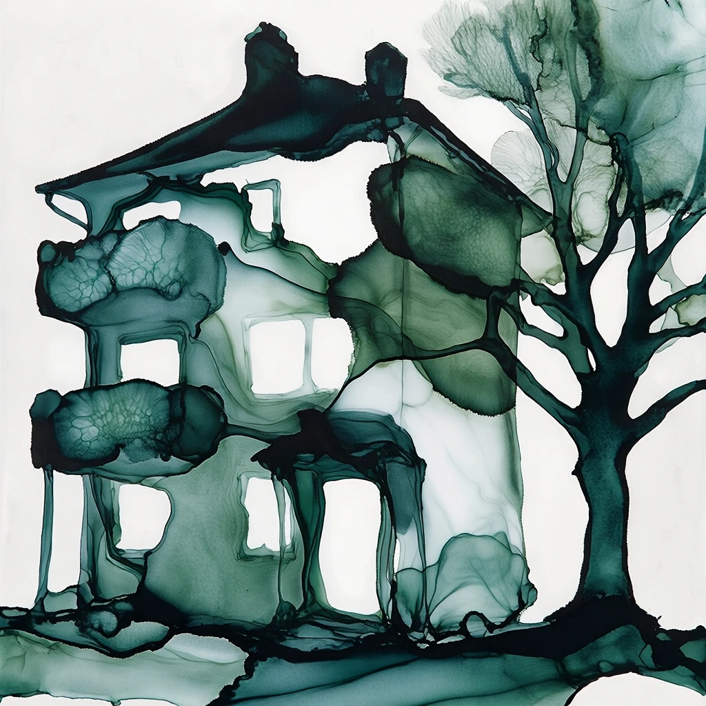 abstract alcohol ink wash rendering of a three-story apartment building and a leafless tree to the right, deep forest green and moody teal pigments, stark white background, organic fluid silhouettes, translucent layering, hard-edged drying borders, intricate cellular textures, flowing veining, minimalist high-contrast composition, emerald and pine hues, ethereal contemporary aesthetic, evocative of biological slides with complex ink blooming effects