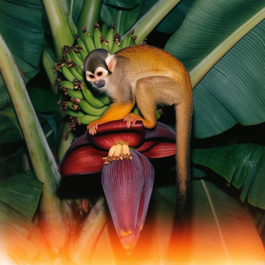 A squirrel monkey crouches atop a massive maroon banana blossom. The primate has an orange-brown body, a black-and-white face, and a long dark tail dangling vertically. It rests above tiny unripe green bananas surrounded by broad, crisscrossing green leaves. The tight close-up nature photograph features a vintage film aesthetic, characterized by rich contrast and a prominent, warm orange light leak washing across the bottom edge of the frame.