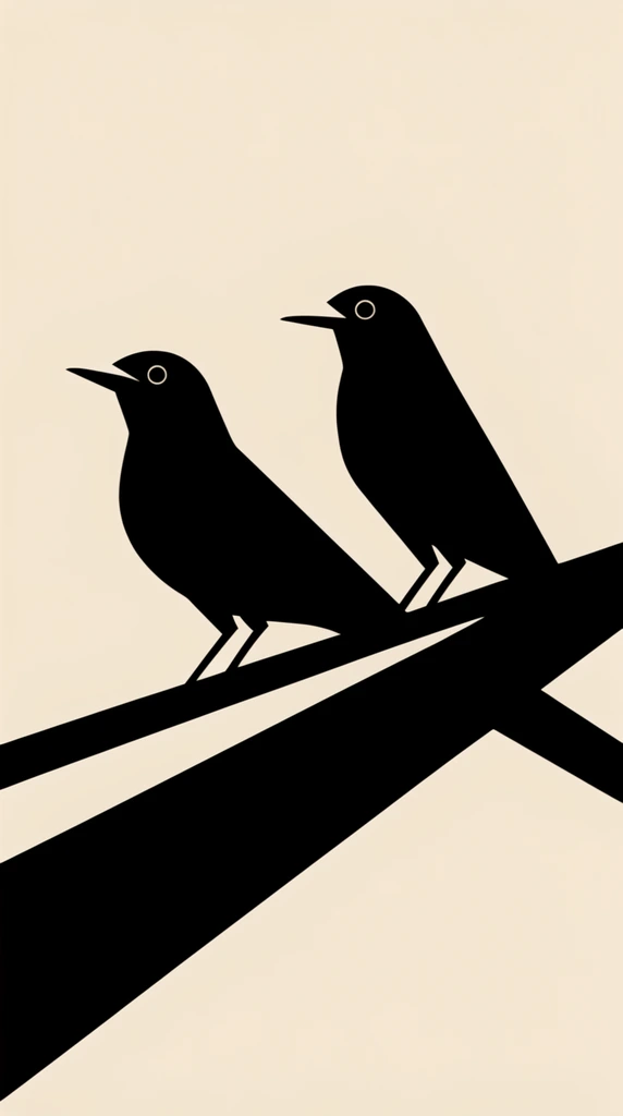 two minimalist black birds in profile facing left, flat vector illustration, thick black intersecting geometric bands, cream background, sharp diagonal shadow, stark high-contrast graphic design