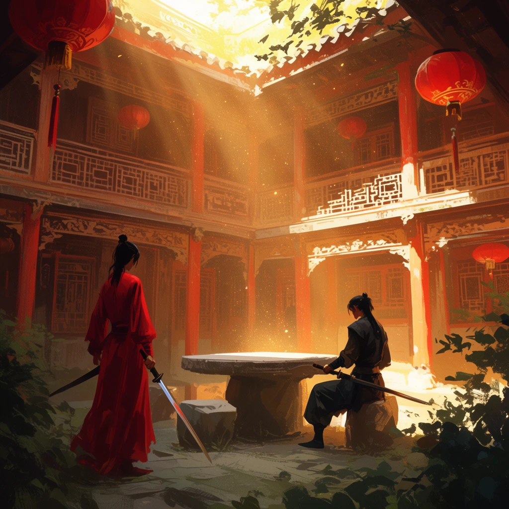 Two figures with swords in a sunlit traditional Asian courtyard, one standing in flowing red robes, one seated on a stone stool in a dark tunic, two-story wooden architecture, red pillars, carved lattice balconies, hanging red paper lanterns, central stone table, golden sunbeams piercing the open roof to illuminate floating particles, shadowed foreground foliage, warm cinematic lighting, painterly digital concept art style