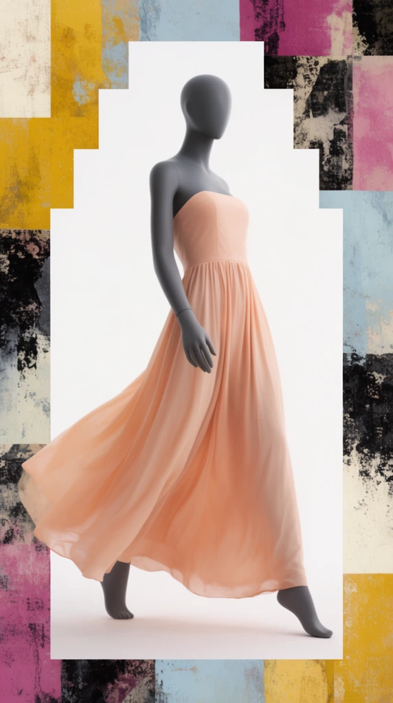 A dark grey featureless mannequin models a flowing peach strapless dress within a textured mixed-media collage frame. The smooth figure strides forward, causing the long skirt to billow dynamically against a bright white backdrop. An irregular stepped border surrounds the portrait, featuring geometric blocks of mustard yellow, pale blue, magenta, and cream overlaid with mottled black grunge patterns. The composition contrasts a photorealistic fashion subject with flat painterly framing under soft studio lighting.