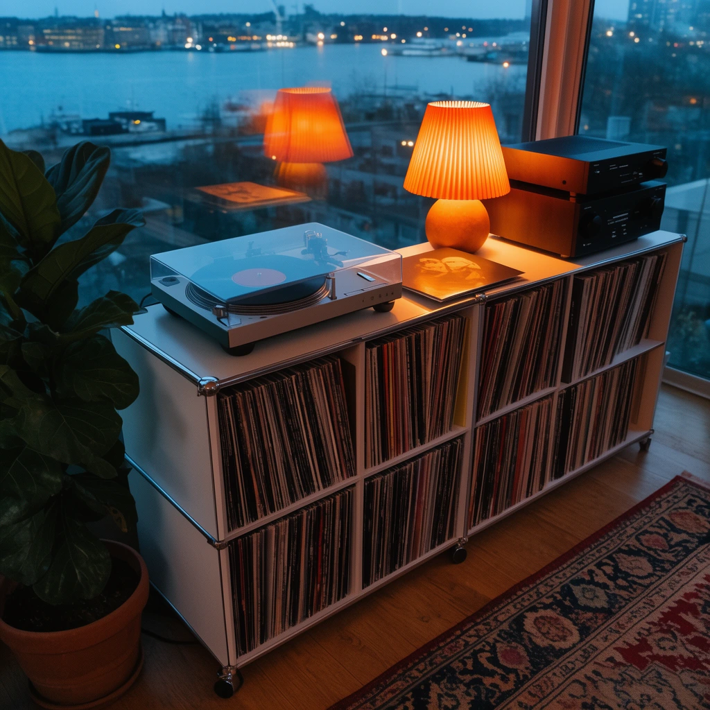 A white modular storage cabinet packed with vinyl records sits beside a large window overlooking a twilight waterfront cityscape. A modern turntable with a clear dust cover, a glowing orange pleated lamp, a square record sleeve, and stacked audio equipment rest on top. Warm interior amber light reflects against the glass, contrasting with the cool blue outdoor evening. A broad-leaved potted plant and a patterned rug occupy the wooden floor in the foreground, enhancing the cozy, cinematic atmosphere captured from a slightly elevated angle.