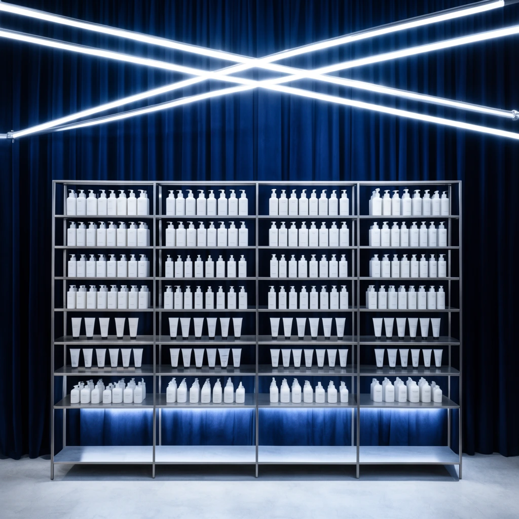 tall minimalist open-frame metal shelving unit, rows of uniform white cosmetic pump bottles and squeeze tubes, deep navy blue heavy pleated curtain backdrop, striking suspended bright white crisscrossing LED tube light forming an X overhead, sleek contemporary retail interior, high contrast cool-toned lighting, subtle under-shelf glow, crisp architectural photography